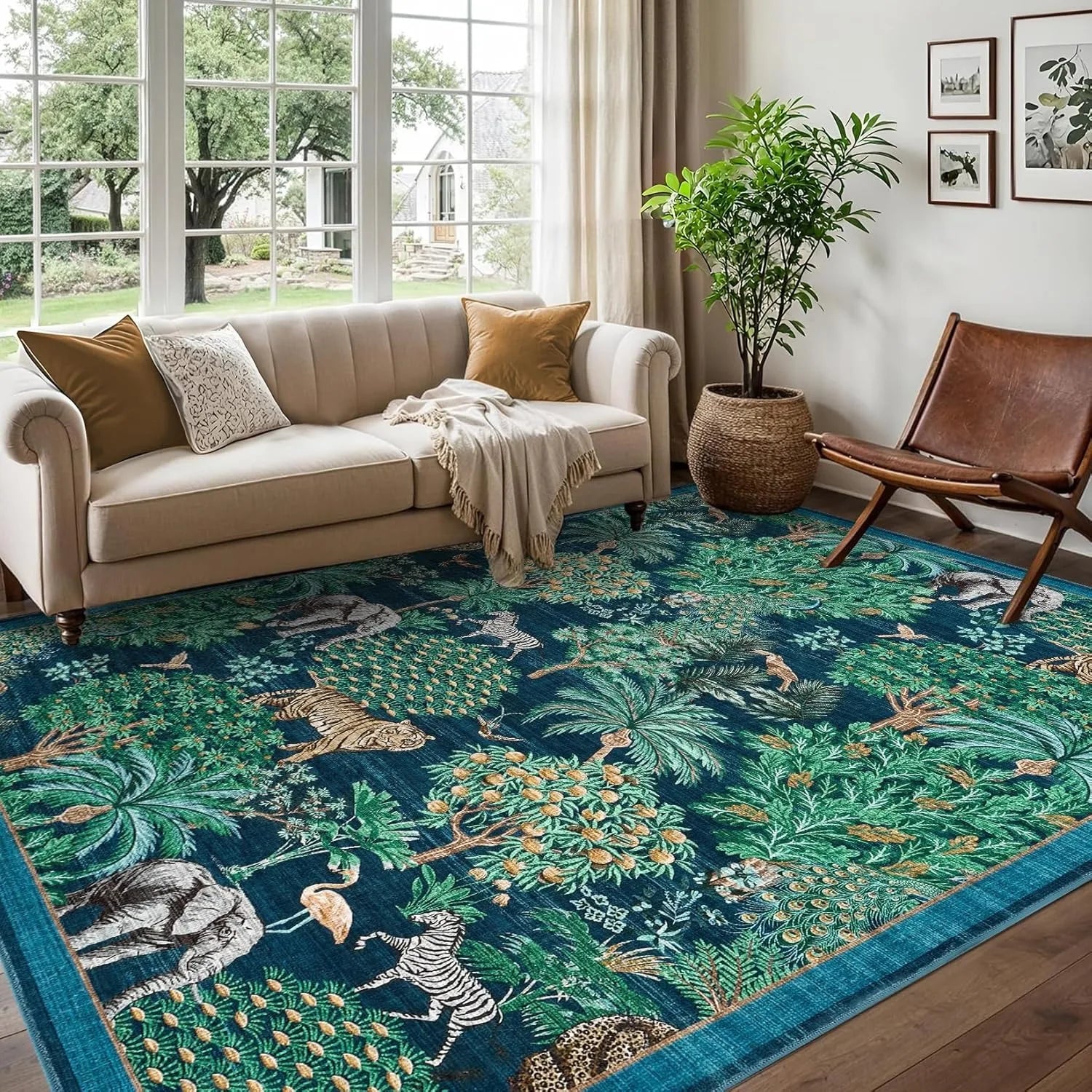 Large Living Room Carpet Soft Machine Washable Bedroom Bedside Rug Jungle Pattern Animal Print Short Velvet Non-slip Floor Mat